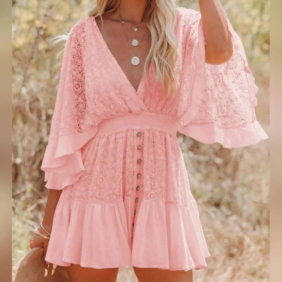 Deep V-Neck Lace Spliced Batwing Sleeve Vacation Dress - Picture 1 of 3